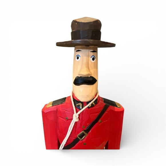 RCMP Officer Statue in Red Serge Canadiana Wooden 13" Moustache Stetson - Picture 6 of 7